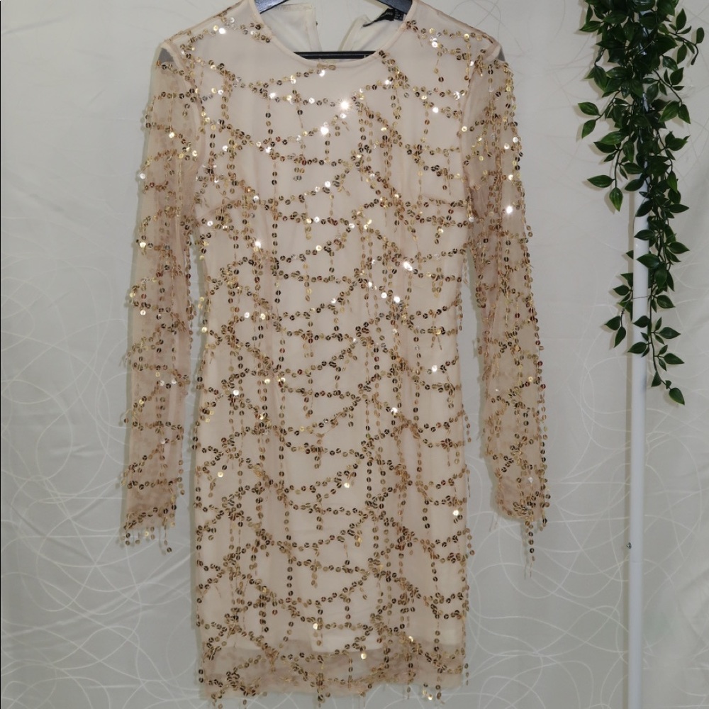Rose Gold Sequin Long Sleeve Bodycon Dress-Vestido Brillante-Robe à paillettes